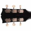 Rear of black Gibson Les Paul Junior headstock showing six vintage-style tuning machines with cream buttons. card