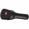 Black and gray padded G&L electric guitar gig bag with front accessory pocket and carrying handles. card