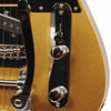 Close-up of chrome control plate with pickup selector and two knurled control knobs beside the Bigsby arm. card