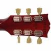 Rear of Gibson Les Paul headstock showing Kluson-style tuners, red finish, and serial number. card