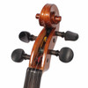 Close-up of Yamaha violin scroll and pegbox with four black tuning pegs. card