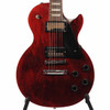 Front close-up of a 2020 Gibson Les Paul Studio in Wine Red showing dual humbuckers, black pickguard, Tune-O-Matic bridge, and four control knobs. card