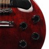 Close-up of the lower front body showing the bridge, control knobs, and visible light surface wear in the Wine Red finish. card