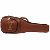 Brown Gibson padded gig bag with gold Gibson logo and front accessory pocket. card
