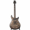 Full front view showing the poplar burl top, dual humbuckers, and bird-inlay fretboard. card