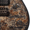 Close-up of the bridge, control knobs, mini-toggle switches, and figured burl grain. card