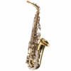 Full front view of Yamaha YAS-23 alto saxophone with gold lacquer finish and silver-colored keywork. card