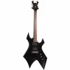 Full front view of black B.C. Rich Bronze Series electric guitar with pointed body and matching black headstock. card