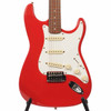 Front close-up of red Squier Stratocaster body with white pickguard and three single-coil pickups. card