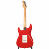 Full rear view of red Squier Stratocaster showing maple neck, back plate, and contoured body. card