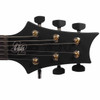 Front close-up of PRS headstock with gold-tone string posts, black tuning keys, and signature graphic. card