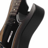 Close-up of the upper body and neck joint showing the dark satin finish, body contour, pickguard, and neck pickup. card