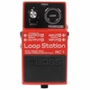 Front view of red Boss RC-1 Loop Station pedal with level knob, circular loop indicator, and black footswitch. card
