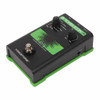 Angled front view showing effect selection knob, dry/wet mix control, footswitch, and side microphone gain adjustment. card