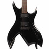 Front body close-up of black B.C. Rich Bich with dual humbuckers, bridge, and controls. card