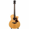 Full front view of Taylor 214ce DLX acoustic guitar with Venetian cutaway and natural finish. card