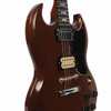 Angled front view showing walnut body, double cutaways, humbuckers, and chrome bridge. card