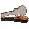 Eastman acoustic guitar resting inside open black hardshell case with gray plush lining. card