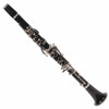 Full view of black Buffet E11 clarinet with silver-colored keys and flared bell. card