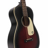 Angled front view showing burst finish, black sides, cream binding, and white Gretsch pickguard. card
