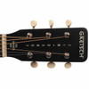 Black Gretsch Jim Dandy headstock with cream-colored tuning buttons and steel-reinforced neck marking. card