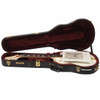 Gretsch White Penguin resting in open black hardshell case with burgundy plush lining and included paperwork. card
