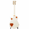 Full rear view showing white body, matching neck, gold tuners, and gold sparkle electronics covers. card