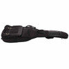Black electric guitar gig bag with shoulder straps, carrying handles, and zippered storage pockets. card