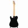 Full rear view of black Telecaster body with maple neck and four-bolt neck plate. card