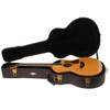 Taylor 614ce acoustic-electric guitar resting inside open black hardshell case with dark plush lining. card