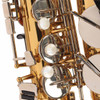 Close-up of silver-colored saxophone keys with white pearl-style key touches. card