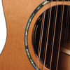 Close-up of soundhole showing abalone-style rosette, natural wood grain, and twelve strings. card