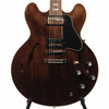 Front body view of Gibson ES-335 Dark Walnut guitar with dual humbuckers, black pickguard, and F-holes. card