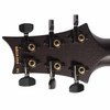 Rear headstock showing black tuners with gold gears and printed serial information. card