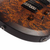 Angled lower body view showing burled wood figure, tremolo bridge, controls, and output jack. card