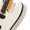 Close-up of upper body horn showing white finish, black binding, and neck joint. card
