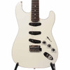 Front body close-up of white Fender Aerodyne Stratocaster with three black pickups and chrome hardware. card