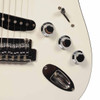 Close-up of three chrome control knobs, five-way pickup selector, bridge, and output jack. card