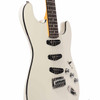 Angled front view showing white body, black edge binding, three single-coil pickups, and chrome bridge. card