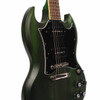Angled front view showing the SG body, black pickguard, P-90 pickups, bridge, and control layout. card