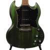 Close-up front view of Epiphone SG Classic Worn P-90s in Worn Inverness Green with dual black P-90 pickups. card