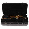 Yamaha Bb trumpet resting inside an open black hardshell case with fitted interior. card