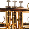Close-up of Yamaha trumpet valve casings, model engraving, serial number, and silver-colored finger buttons. card