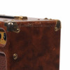 Close-up of scratches and scuffs along the upper side edge of the brown Dean DA30-4 amplifier cabinet. card
