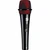 Front view of sE Electronics V2 Switch handheld microphone with black body, red grille interior, and on/off switch.