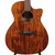 Close front view of Alvarez RG99KCE-ELITE acoustic-electric guitar showing figured koa top, cutaway body, abalone rosette, and dark bridge. Close front view of Alvarez RG99KCE-ELITE acoustic-electric guitar showing figured koa top, cutaway body, abalone rosette, and dark bridge.