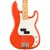 Close-up front view of Rallye Red Fender Player II Precision Bass showing white pickguard, split-coil pickup, chrome bridge, and controls. Close-up front view of Rallye Red Fender Player II Precision Bass showing white pickguard, split-coil pickup, chrome bridge, and controls.
