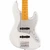 Close-up front view of white Fender Jazz Bass with maple fingerboard, silver pickguard, dual pickups, five-string bridge, and chrome controls. Close-up front view of white Fender Jazz Bass with maple fingerboard, silver pickguard, dual pickups, five-string bridge, and chrome controls.