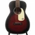 Close-up of Gretsch Jim Dandy parlor guitar with Deep Cherry Burst finish, white pickguard, and walnut bridge.