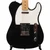 Close-up of black Squier Affinity Telecaster body with white pickguard, two single-coil pickups, and chrome hardware.